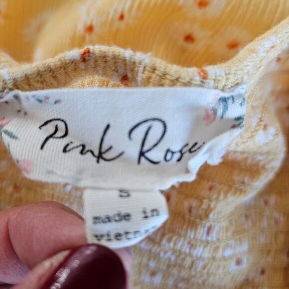 Pink Rose Peasant Mini Dress Small Yellow Daisy Print Cottagecore Prariecore - Picture 3 of 16
